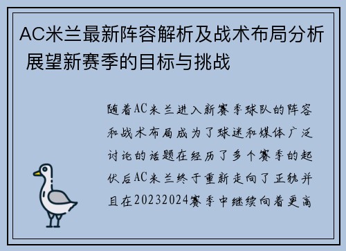 AC米兰最新阵容解析及战术布局分析 展望新赛季的目标与挑战