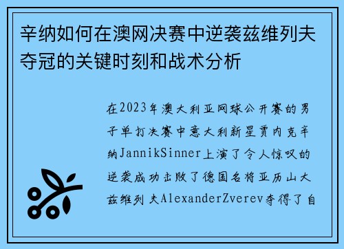 辛纳如何在澳网决赛中逆袭兹维列夫夺冠的关键时刻和战术分析