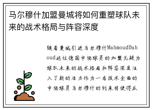 马尔穆什加盟曼城将如何重塑球队未来的战术格局与阵容深度 马尔穆什加盟曼城将如何重塑球队未来的战术格局与阵容深度