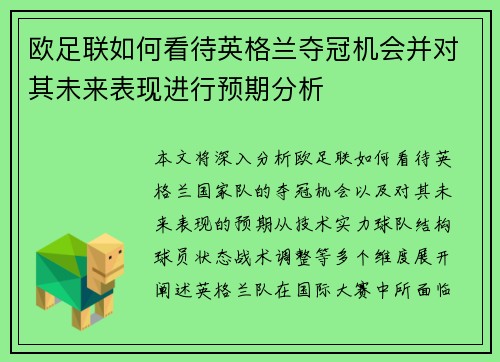 欧足联如何看待英格兰夺冠机会并对其未来表现进行预期分析