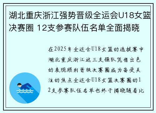 湖北重庆浙江强势晋级全运会U18女篮决赛圈 12支参赛队伍名单全面揭晓